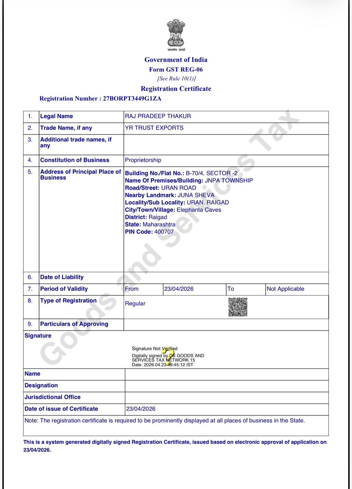 Form GST REG-06 Registration Certificate